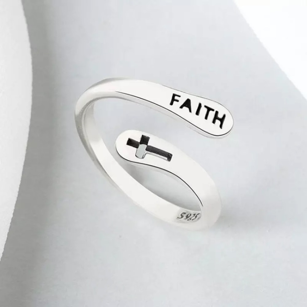 Minimalist Faith Cross Christian Silver Religious Adjustable Gift/Casual Ring